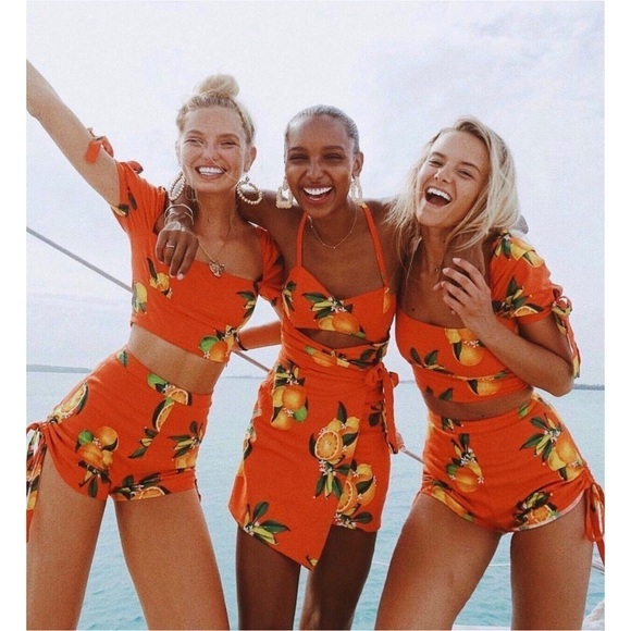 REVOLVE‎ X PRIVACY PLEASE Citrus Print Linen Square Neck Puff Sleeve Crop Top XS - Picture 3 of 10